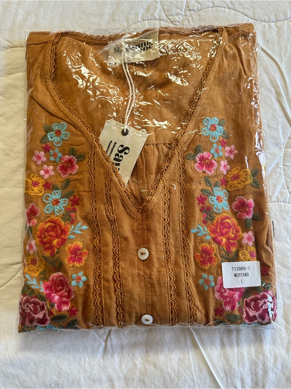 Savanna Jane Mustard Embroidered Floral Button-Front Top - Picture 12 of 12